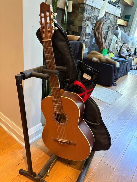 An acoustic guitar on a stand with its soft case leaning behind it.